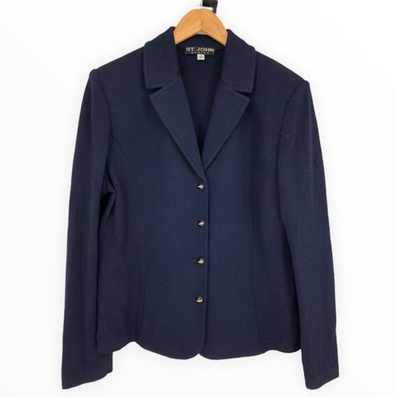 St. John Basics Navy Logo Button Santana Knit Blazer Long Sleeve size 16 - Picture 1 of 11